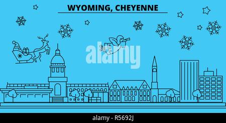 Stati Uniti, Cheyenne vacanze invernali skyline. Buon Natale e Felice Anno Nuovo banner decorati con Babbo Natale.Stati Uniti, Cheyenne lineare città natale vettore illustrazione piatta Illustrazione Vettoriale