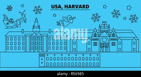 Stati Uniti, Harvard vacanze invernali skyline. Buon Natale e Felice Anno Nuovo banner decorati con Babbo Natale.Stati Uniti, Harvard lineare città natale vettore illustrazione piatta Illustrazione Vettoriale