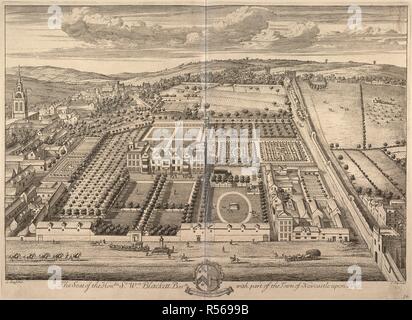 Una vista panoramica del luogo di Anderson, Newcastle upon Tyne; persone, cavalli e carri in strada in primo piano; la casa e i giardini formali al centro della scena; edifici e una chiesa a sinistra e a distanza. La sede dell'Honble Sr Wm Blackett Bartt con parte della città di Newcastle upon Tyne. [Londra] : [David Mortier], [1720]. Fonte: 191.g.15,16. Lingua: Inglese. Autore: KNYFF, Leonard. Kip, Joannes. Foto Stock