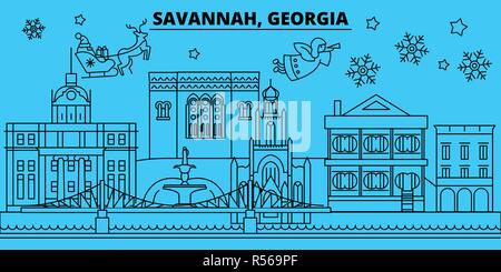 Stati Uniti, Savannah vacanze invernali skyline. Buon Natale e Felice Anno Nuovo banner decorati con Babbo Natale.Stati Uniti, Savannah lineare città natale vettore illustrazione piatta Illustrazione Vettoriale