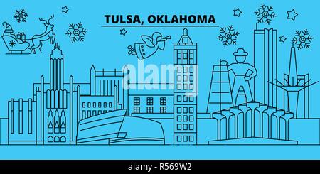Stati Uniti, Tulsa vacanze invernali skyline. Buon Natale e Felice Anno Nuovo banner decorati con Babbo Natale.Stati Uniti, Tulsa lineare città natale vettore illustrazione piatta Illustrazione Vettoriale