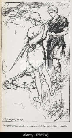 Illustrazione di Imogen ed i suoi fratelli da Cymbeline. Racconti da Shakespeare. (Con illustrazioni di Arthur Rackham.). Londra: JM Dent & Co (1906). "Imogen i due fratelli portato quindi a lei di un ombroso nascoste.". Fonte: 12206.p.1/10 rivolto a pagina 120. Autore: RACKHAM, Arthur. Agnello, Charles. Foto Stock