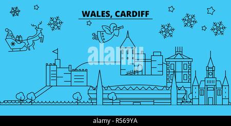 Il Galles, Cardiff vacanze invernali skyline. Buon Natale e Felice Anno Nuovo banner decorati con Babbo Natale.Wales, Cardiff lineare città natale vettore illustrazione piatta Illustrazione Vettoriale