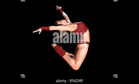 Dancing atleta donna, montare ballerina in salto isolati su sfondo nero, rendering 3D Foto Stock