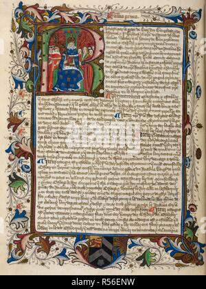 Un historiated iniziale 'R' e bordo superiore, con un re. Nova Statuta , 1 Edward III a 3 Henry VII (ff. 50-350V), preceduta da un elenco in ordine alfabetico dei contenuti (ff. 1-49). Inghilterra, S. E. (Londra); 1488 o 1489. Fonte: Hargrave 274, f.118v. Lingua: Francese. Foto Stock