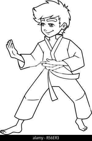 Atteggiamento di Karate Boy Line Art Illustrazione Vettoriale