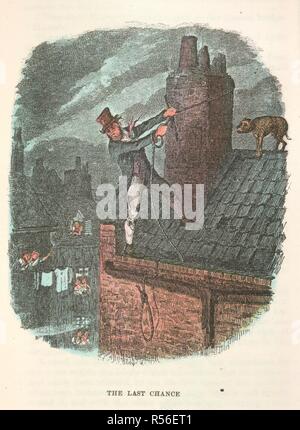 L'ultima chance. Bill Sykes sul tetto di un edificio con il suo cane Bullseye. Le avventure di Oliver Twist ... Con venti-quattro illustrazioni da Cruikshank. Chapman & Hall: Londra; Henry Frowde, New York, 1911. Fonte: 012612.i.6, opposta 468. Lingua: Inglese. Autore: Dickens, Charles. CRUIKSHANK, George. Foto Stock