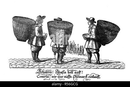Mendicare gli studenti con i loro cestini di Norimberga, Baviera, 1669, xilografia, Germania Foto Stock