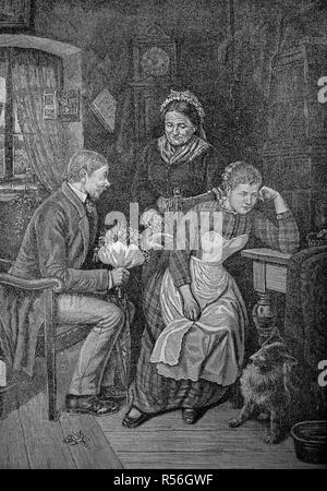 La sgradevole corteggiatore, giovane uomo, vuole sposare una ragazza, ma lei non si hanno di lui, 1880, xilografia, Germania Foto Stock