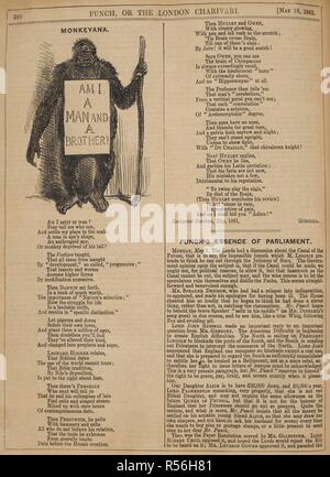 Monkeyana. Un cartone animato che mostra una scimmia che indossa un cartello con queste parole : Io sono un uomo e un fratello ? Un riferimento alla teoria dell'evoluzione. Versi sotto il nome di scienziati Darwin; Huxley e Owen, e altri. Un cartoon in "punzone", 1861. Il punzone o la London Charivari. Londra, 18 maggio 1861. Un cartoon disegnato in bianco e nero, con riferimento alla teoria dell'Evoluzione di Charles Darwin. Fonte: P.P.5270.ah, pagina 206. Foto Stock