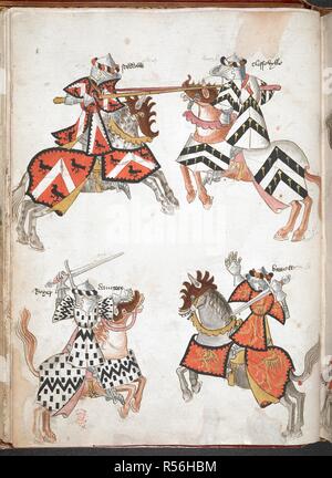 Quattro cavalieri montati, in armatura e tabards, giostre; la coppia superiore il ribaltamento con lance; la coppia inferiore di spada-combattere. 'Sir Thomas Holme il libro delle armi' (SS9-40v è rullo militare di bracci). Inghilterra, probabilmente a Londra, c.1445-1524. Fonte: Harley 4205, f.19v. Foto Stock