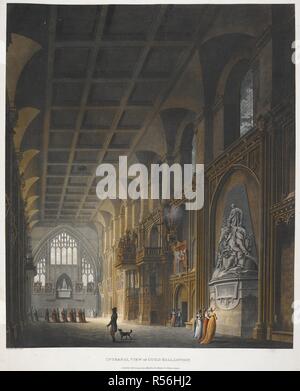 Interno del Guildhall con figure guardando una scultura; una processione di figure in uscita a sinistra; una figura e un cane in primo piano. Vista interna di Guild Hall di Londra. [Londra] : pubblicato Feby 28, 1801 da G. Hawkins No4 Henry Str. Fitzroy Square., [28 febbraio 1801]. Incisione e la puntasecca con mano-colorazione. Fonte: Mappe K.Top.24.13.g. Lingua: Inglese. Autore: HAWKINS, George. Foto Stock