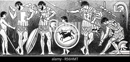 Dopo un vaso attico immagine, guerrieri greco prepararsi, tempo delle guerre persiane 500-449 BC, xilografia, Iran Foto Stock