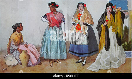 Persone in costumi tradizionali, moda, abbigliamento degli zingari in Spagna, metà del XIX secolo, illustrazione, Spagna Foto Stock