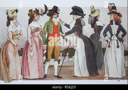 Moda, abbigliamento, Francia, costumi di Parigi al tempo della rivoluzione intorno al 1790, illustrazione, Francia Foto Stock