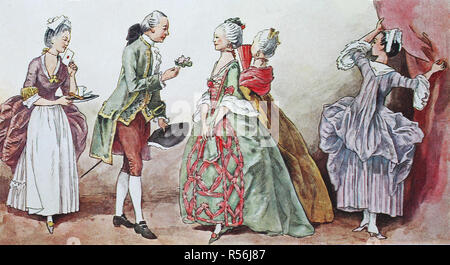 Moda, abbigliamento, costumi popolari in Francia durante il periodo rococò intorno al 1760, 1770, illustrazione, Francia Foto Stock