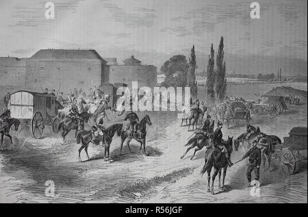 Il XII Corpo d'Armata attraversa il Reno a Fort Montebello vicino a Magonza il 3 agosto 1870, la guerra franco-prussiana o guerra franco-tedesco Foto Stock