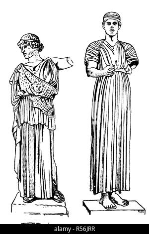 La moda, abbigliamento in Grecia, apice 5th-4secolo BC, a sinistra la Pallade Atena nelle femmine di spotting, sopra l egida, il Foto Stock