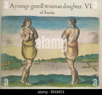 'Un younge gentill woeman doughter di Secota'. Incisione di una giovane donna che indossa un grembiule singolo gonna di frange pelle di daino, Ella ha un archetto, e a due brevi-stringa collana con ciondolo. Ella è tatuata o dipinta sulla fronte, guance, mento, braccio superiore e i vitelli.La figura è duplicata per ha dato una vista posteriore ed è ambientato in un paesaggio di canoe, un pesce weir, e un villaggio. . Viaggia attraverso la Virginia. [Da Theodor De Bry's "America", Vol. I, 1590, dopo un disegno di Giovanni Bianco]. Inghilterra; 1618. Fonte: Sloane 1622, f.75. Lingua: Inglese. Foto Stock