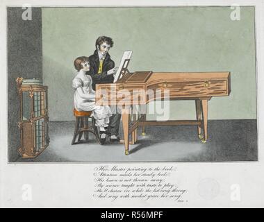 Una giovane ragazza di essere insegnato a leggere la musica e suonare il pianoforte da un insegnante. L'elegante ragazza, o principi virtuosi la vera fonte di maniere eleganti. Londra: pubblicato per il titolare, da S. Inman, 1817. Fonte: C.175.b.44 della piastra 4. Foto Stock