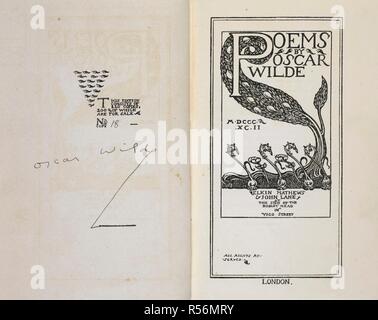 Firma di Oscar Wilde e un illustrati nella pagina del titolo. Poesie di Oscar Wilde. Londra: Elkin Mathews & John Lane ..., 1892 Chiswick Press - C. Whittingham & Co. Fonte: Eccles 354 frontespizio e titolo-pagina. Autore: Wilde, Oscar Fingal O'Flahertie Wills. Foto Stock