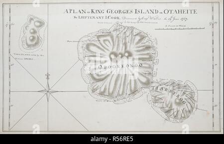 Un piano di Re Georges isola o Otaheite dal tenente J. Cook. Grafici, piani, viste e disegni presi a bordo lo sforzo durante la Captain Cook primo viaggio, 1768-1771. 1768-1771. Fonte: Aggiungi. 7085, No.7. Lingua: Inglese. Foto Stock