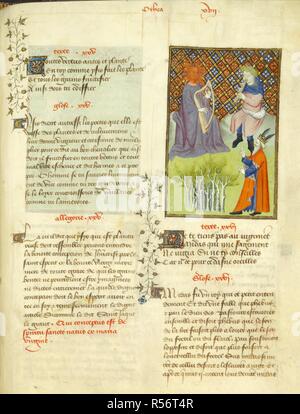 Pan e Apollo in concorso. Raccolte di opere di Christine de Pisani. Francia (Parigi); 1410-1411. (Intero folio) Re Mida a giudicare il concorso musicale tra Pan e Apollo. Da L'EpÃ®tre d'OthÃ©a. Immagine presa da raccolte di opere di Christine de Pisani. Originariamente pubblicato/prodotto in Francia (Parigi); 1410-1411. . Fonte: Harley 4431, f.108. Lingua: Francese. Autore: il pisano, Christine de. Maestro di CitÃ© des Dames. Foto Stock