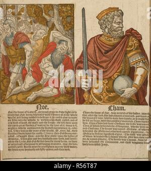 Inglese colorate illustrazioni xilografiche raffigurante Noè (farro) Noe e prosciutto (spelta Cham), suo figlio. . Per il lettore. Qui Beholde (gentile lettore) un breve riassunto delle genealogie e gara di tutti i kynges dell'Inghilterra, dal floudde del NOE, vntill Brute. Londra: Inghilterra.1562. Fonte: G.6456 pagina 1. Lingua: Inglese. Foto Stock