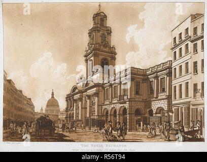 Una vista presa da Cornhill guardando ad ovest verso la Cattedrale di San Paolo con il Royal Exchange sulla destra; shop fronti di rivestimento del lato sinistro della strada; figure, con cavalli e carri in strada. Il Royal Exchange. [Londra] : pubblicare'd Octr 1 1781 da T. Malton No8 Carlisle Street, Soho, Londra, 1 ottobre 1781. La puntasecca e l'attacco. Fonte: Mappe K.Top.24.11.f. Lingua: Inglese. Autore: MALTON, THOMAS. Foto Stock