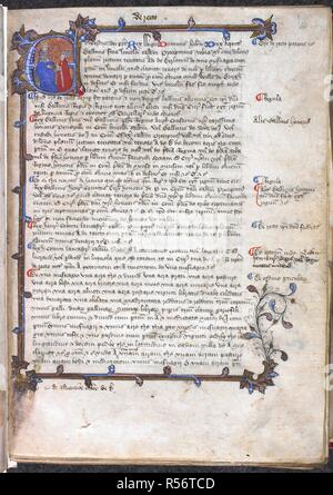 Historiated iniziale "E"(dwardus) con un vescovo inginocchiato prima di King Edward III, combinata con una barra foliate confine. Registrum brevium. Inghilterra?, S.E.; ultimo quarto del XIV secolo o al primo quarto del XV secolo. Fonte: Harley 1118, f.14. Lingue: Latina. Foto Stock