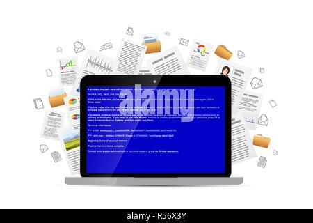Laptop aperti con critiche BSOD messaggio di errore e molti documenti di office volare lontano sullo sfondo, concetto illustrazione isolato su bianco Illustrazione Vettoriale