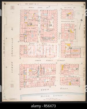 La sezione di una polizza di assicurazione della città di Dublino, mostrando Lower Sackville Street; Nort Earl Street; Talbot Street; Abbassare Abbey Street; Eden Quay e del fiume Liffey. Piano di assicurazione della città di Dublino ... [Da] C.E. Pungolo ... Scala, 40 ft. = 1 inch ... Key-Plan, 600 ft. = 1 inch. Vol. 1. Londra : C.E. Pungolo, 1893. fol.; Scala, 40 ft. = 1 inch ... Key-Plan, 600 ft. = 1 inch. Fonte: maps.145.b.4.(2) foglio 8. Foto Stock