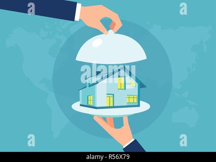 Vettore di una mano che regge un modello di casa su un piatto. La presentazione di un nuovo concetto di casa. Illustrazione Vettoriale