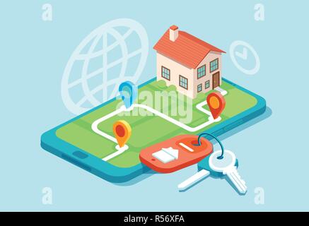 Vettore di un modello di casa su una mappa, le chiavi di casa e le icone, real estate mobile app concept Illustrazione Vettoriale