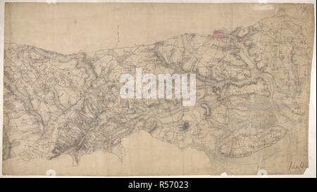 Witham. Colchester è il più grande insediamento presentato su questo disegno. Il relatore ha registrato il layout delle strade in inchiostro rosso. Sulla vicina Lexden Heath, un' antica Intrenchment' è raffigurato. Queste linee di irrigidire risalgono all'occupazione romana. Il disegno si estende a coprire Mersey Island e il fiume Colne. Le barene sono contraddistinte da irregolari e di modellazione dei singoli canali del Colne sono denominati. Una batteria militare è segnato alla foce del fiume, riflettendo il fuoco militare di questi disegni. Una linea blu indica il livello della bassa marea. Foto Stock