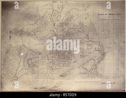 Kabul. 1880. Mappa della città [di Kabul], piano terra disegnata da guide. Originariamente pubblicato/prodotta nel 1880. . Fonte: Foto OIOC 430/3(23). Autore: BURKE, John. Foto Stock