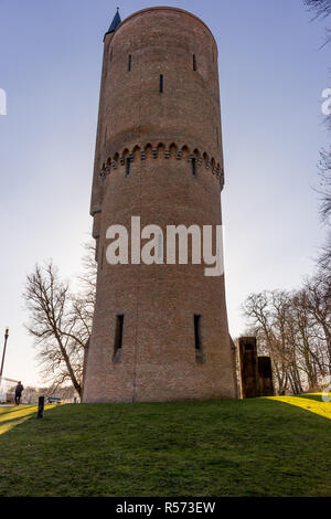 L'Europa, Belgio, Bruges, un grande edificio di mattoni con un clock tower su un campo verde Foto Stock