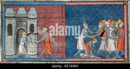 Louis VII e Imperatore Corrado III. Chroniques de France ou de Saint Denis, vol. 1. Francia; secondo quarto del XIV secolo. [Solo in miniatura] Re Louis VII [Le Jeune] della Francia i tentativi di distruggere le mura di Damasco e imperatore Corrado III di Germania uccide un turco durante la Seconda Crociata immagine presa da Chroniques de France ou de Saint Denis, vol. 1. Originariamente pubblicato/prodotti in Francia; secondo quarto del XIV secolo. . Fonte: Royal 16 G. VI, f.322v. Lingua: Francese. Foto Stock