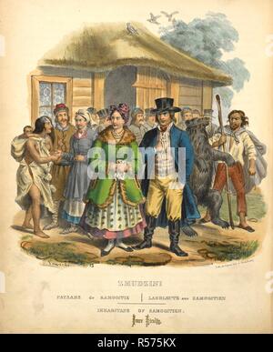 Abitanti di Samogitien. Un gruppo di (Lituano) persone raccolte al di fuori di una casa. Due ben vestito di persone davanti e contadini dietro di loro. Una danza orso può essere visto. Les costumi du peuple polonais, suivis d'une descrizione exacte de ses mÅ"urs, de ses usi et de ses habitudes: Ouvrage pittoresco. Parigi, 1841. Fonte: 7744.GG.5 piastra 23 opposta a pagina 65. Autore: Zienkowicz, Leon. Lewicki, J. Foto Stock