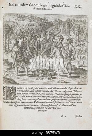 Balboa e l'oro. I nativi d America offrendo Vasco Balboa, l'esploratore spagnolo, oro. Historia AmericÃ¦ siue Noui Orbis. Francofurti : Sumptibus M. Meriani, 1634. Fonte: 215.c.14.(1.). Lingue: Latina. Autore: DE BRY, THEODOR. Foto Stock