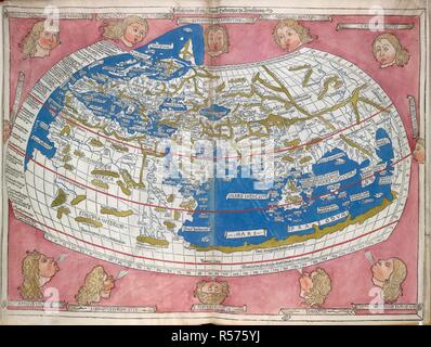 Ptolemic mappa del mondo. Geographia latino. Beatissimo Patri Paulo Secumdo P. Ulm, 1482. Mappa mondo da Tolomeo. Immagine presa da Geographia latino. Beatissimo Patri Paulo Secumdo Pontifici Maximo. Originariamente pubblicato/prodotto in ULM, 1482 . Fonte: IC.9304,. Foto Stock