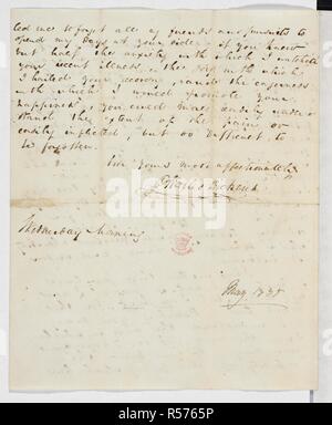 Lettera da Charles Dickens a Catherine Hogarth, maggio 1835. Lettere di Charles Dickens a sua moglie Caterina, nÃ©e Hogarth; maggio 1835-5 nov. 1867, n.d. Autografo. La serie comprende 136 lettere, di cui i primi sessanta (per lo più prive di data) sono state scritte prima del loro matrimonio il 2 aprile 1836, e gli ultimi quattro dopo la loro separazione nel 1858. Maggio 1835. Fonte: Aggiungi. 43689 f.3v ultima pagina. Foto Stock