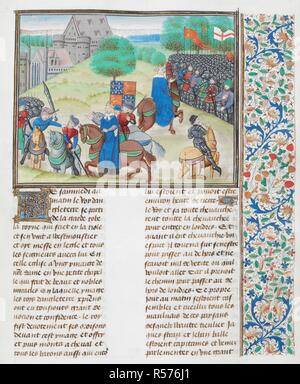 La morte di Wat Tyler nel 1381. Wat Tyler (morto il 15 giugno 1381) è stato un leader del 1381 contadini' rivolta in Inghilterra. Egli ha marciato un gruppo di manifestanti da Canterbury al capitale di opporsi all'istituzione di una tassa di polling. Mentre il breve ribellione goduto il successo precoce, Tyler è stato ucciso da ufficiali del re Richard II durante i negoziati a Smithfield a Londra. Le figure in miniatura sono: Sir William Walworth, sindaco di Londra (spada wielding); Wat Tyler; Richard II d'Inghilterra; e John Cavendish, esquire a Richard II (cuscinetto lancia). . Jean Froissart, Chroniques , vol. 2. (Froissart's Chroni Foto Stock