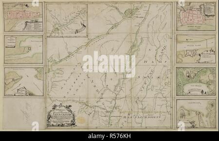 Una mappa di parte dello Stato di New York situato tra il lago Ontario e del Massachusetts. Sette piani aggiuntivi delle fortezze e città entro la regione sono fissati intorno al centro mappa . A Sua Eccellenza il Generale Maggiore ABERCROMBIE colonnello 44TH REG:T di piede CO: IN CAPO DELLA ROYAL AMERICAN REG: & comandante in capo di tutte le sue forze di MAJESTYS IN NORD AMERICA questa mappa della scena di azione è presentato umilmente a Vostra Eccellenza. [New York?] : Da T.Ë¢ Abercrombie Capt., [tra 1757 e 1759.]. Manoscritto penna e inchiostro con acquarello. Fonte: Mappe K.Top.121,9.1. Lingua: Inglese. Foto Stock