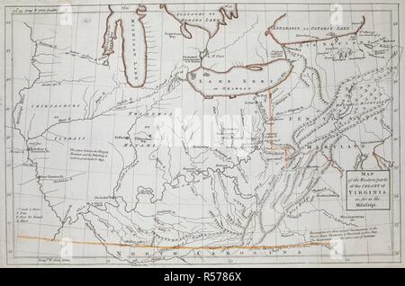 Una mappa delle parti occidentali della colonia della Virginia. Mappa delle parti occidentali della colonia della Virginia, per quanto riguarda il Mississipi. [Londra] : [Thomas Jefferys], [1754]. Incisione su rame, mano colore nel profilo. Fonte: Mappe K.Top.122.46. Lingua: Inglese. Foto Stock