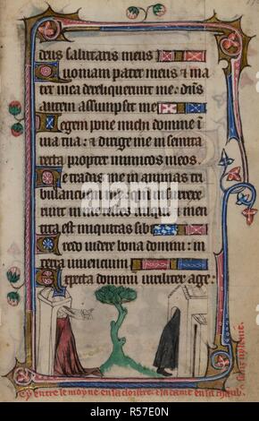 Bas-de-page scena dal diavolo in stock, della donna entrando in casa sua mentre il monaco entra in una chiesa con una didascalia di lettura, â€˜Cy entre le moyne en sa chiostro et la dame en sa chau[m]b[re] sanz vylenieâ€™ . Libro d Ore, uso di Sarum ("Taymouth ore"). Inghilterra, S. E.? (Londra?); secondo quarto del XIV secolo. Fonte: Yates Thompson 13, f.170. Lingua: Latino e francese. Foto Stock