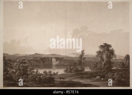 I bovini e gli alberi in primo piano; il fiume San Lorenzo e il Montmorency cade nella terra di mezzo; montagne in distanza. Vista del fiume St Lawrence, cade di MONTMORENCI dall'ISOLA DI ORLEANS. [Londra] : Pubd Septr 1 1795 da J.W. Edy No2 Romney fila, St Johns, Westminster., [1 Settembre 1795]. La puntasecca e l'attacco. Fonte: Mappe K.Top.119.44.d. Lingua: Inglese. Autore: Edy, John William. Foto Stock