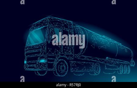 Olio autostrada camion cisterna 3D render bassa poli. Petrolio di combustibile finanza industria serbatoio diesel. Cilindro grande veicolo benzina cargo logistica business economico la linea poligonale illustrazione vettoriale Illustrazione Vettoriale