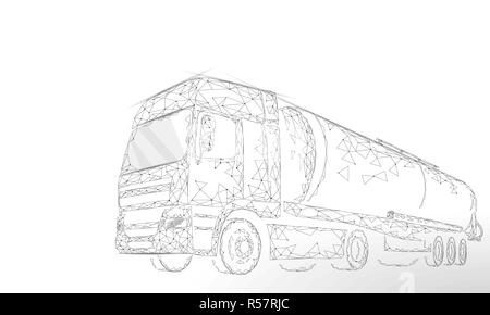 Olio autostrada camion cisterna 3D render bassa poli. Petrolio di combustibile finanza industria serbatoio diesel. Cilindro grande veicolo benzina cargo logistica business economico la linea poligonale illustrazione vettoriale Illustrazione Vettoriale