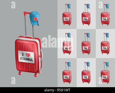 Valigie per viaggiare in Turchia città turistica con cappuccio turco. Tutti gli oggetti sono in diversi strati e i tipi di testo non è necessario alcun font. Illustrazione Vettoriale